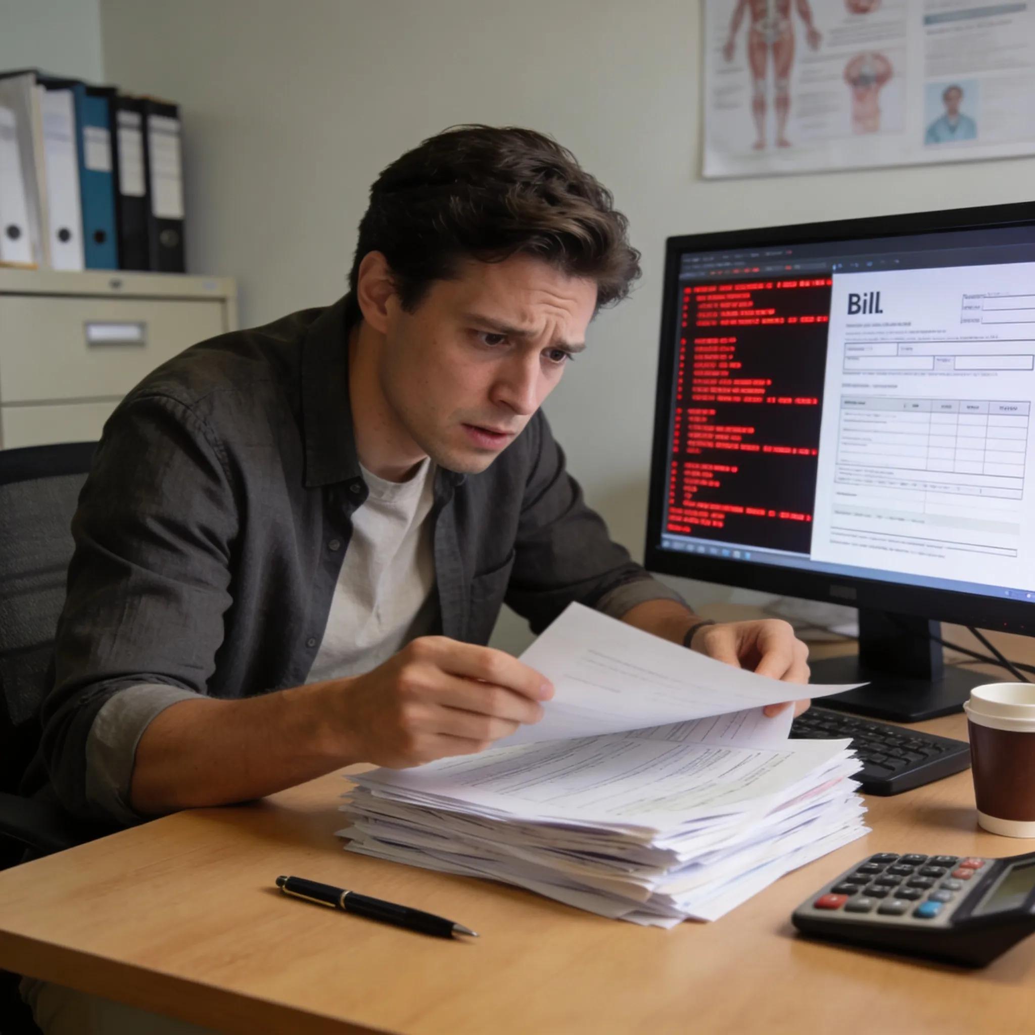 An individual evaluating medical billing denial reasons with a computer showing error codes in a healthcare office