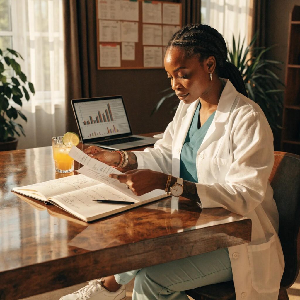 Healthcare professional analyzing financial documents in a cozy office space